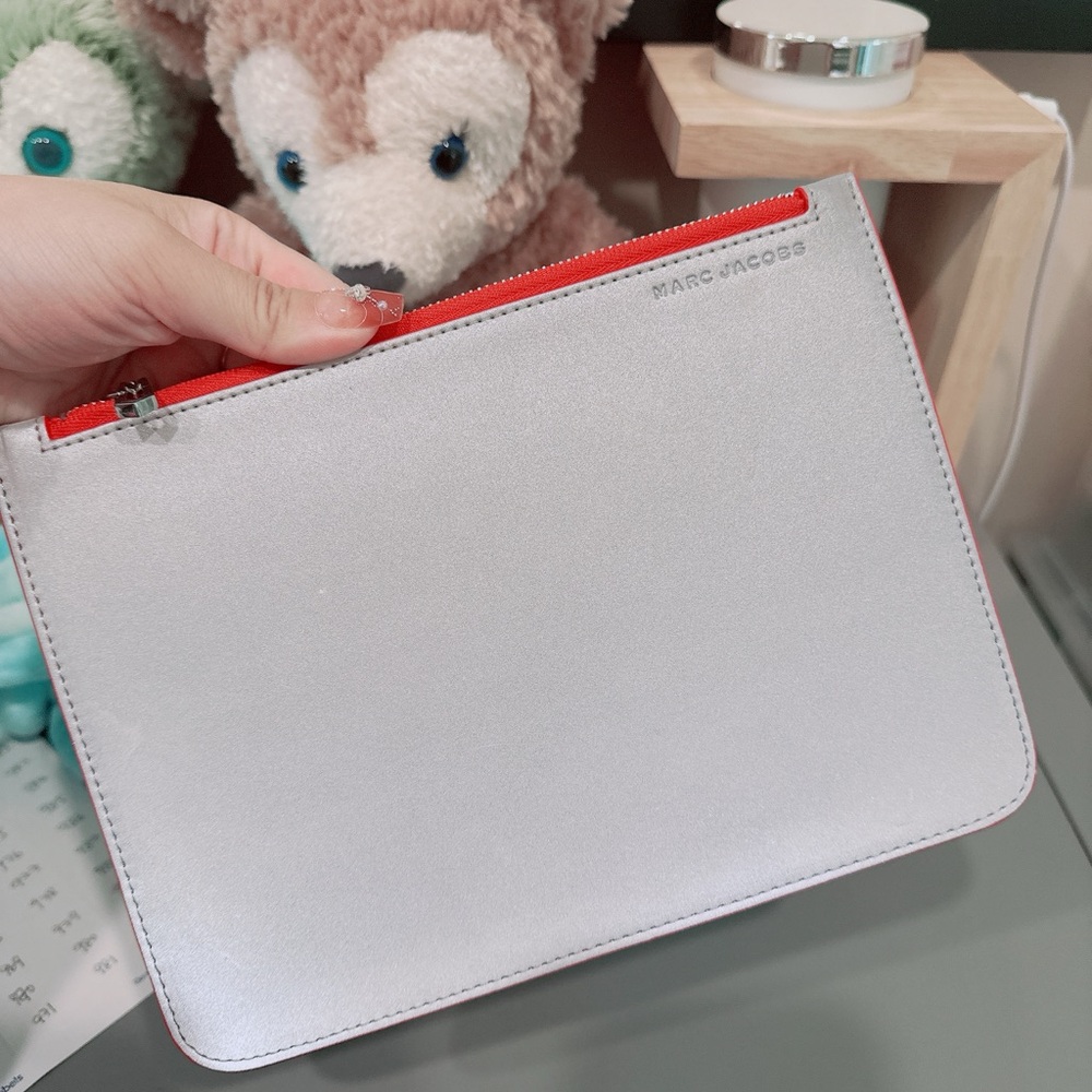 Marc Jacobs Silver Metallic Zip Pouch Red Trim NWOT
